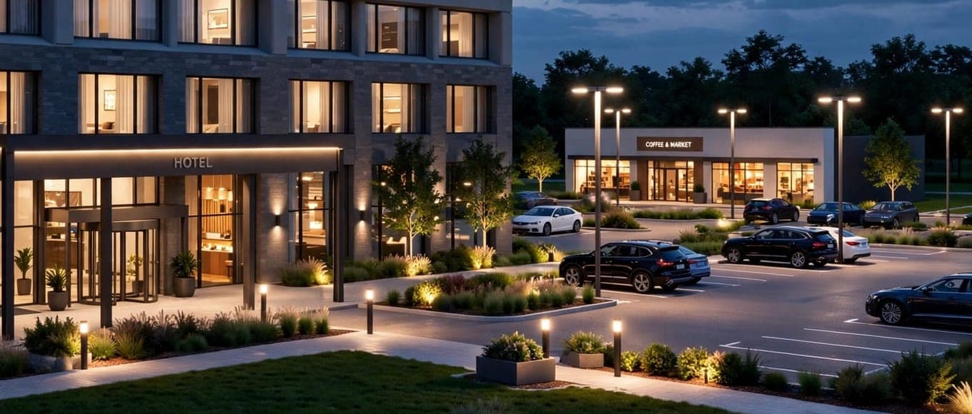 Concept rendering at dusk: the hotel lobby and arrival canopy, with the lit coffee & market building across the parking court
