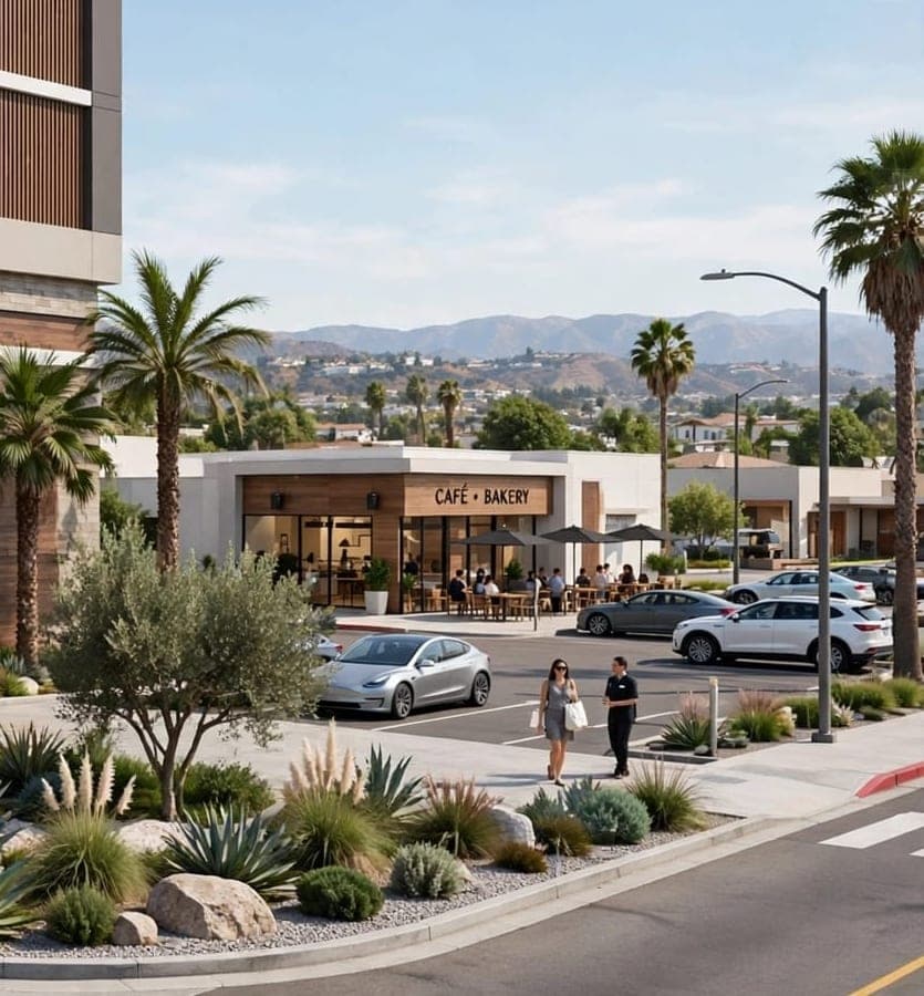 Concept rendering in daylight: the café and bakery with outdoor seating, palms and drought-tolerant planting along the street